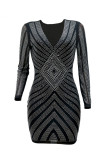 Gold Fashion Sexy Patchwork Hot Drill V Neck Long Sleeve Dresses