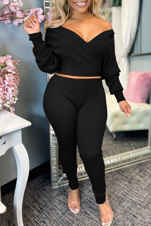 Black Fashion Casual Solid Basic V Neck Long Sleeve Two Pieces