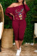 Burgundy Fashion Casual Print Basic Oblique Collar Long Sleeve Two Pieces