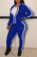 Blue Fashion Casual Striped Patchwork Turndown Collar Long Sleeve Two Pieces