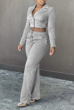Blue Casual Solid Patchwork Buckle Turn-back Collar Long Sleeve Two Pieces
