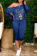 Blue Fashion Casual Print Basic Oblique Collar Long Sleeve Two Pieces
