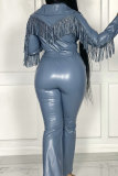 Blue Fashion Casual Solid Tassel Patchwork Turndown Collar Regular Jumpsuits
