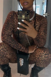 Multicolor Fashion Sexy Leopard Printing Turtleneck Skinny Jumpsuits