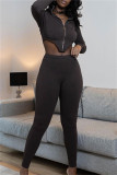 Brown Fashion Sexy Solid Asymmetrical Zipper Collar Long Sleeve Two Pieces