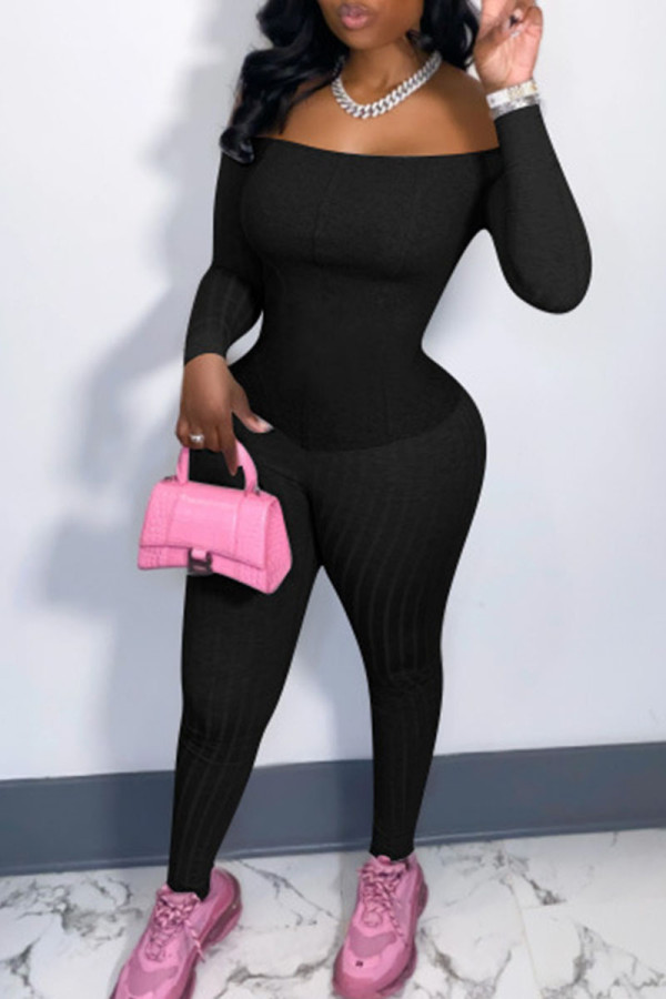 Black Sexy Solid Patchwork Off the Shoulder Regular Jumpsuits