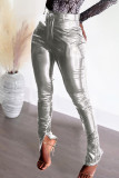 Pink Fashion Casual Solid Slit Skinny Mid Waist Pencil Trousers