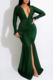 Red Fashion Sexy Solid Slit Fold V Neck Long Sleeve Evening Dress