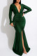 Green Fashion Sexy Solid Slit Fold V Neck Long Sleeve Evening Dress