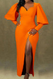 Yellow Fashion Sexy Solid Slit V Neck Long Sleeve Evening Dress
