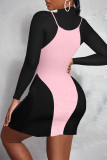 Black Pink Fashion Casual Solid Patchwork Slit Turtleneck Long Sleeve Two Pieces