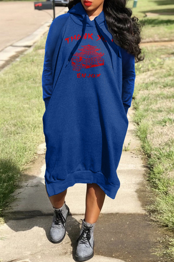 Blue Fashion Casual Print Basic Hooded Collar Long Sleeve Dresses
