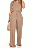 Brick red Fashion Casual Solid Short Sleeve O Neck Jumpsuits