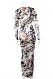 Colour Fashion Sexy Print Basic V Neck Long Sleeve Dresses
