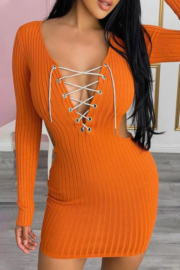 Orange Sexy Solid Hollowed Out Patchwork Frenulum Backless V Neck Pencil Skirt Dresses