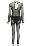 Black Fashion Sexy Patchwork See-through O Neck Skinny Jumpsuits