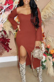 Brown Fashion Sexy Solid Slit Square Collar Long Sleeve Dresses