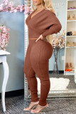 Coffee Fashion Casual Solid Basic V Neck Long Sleeve Two Pieces