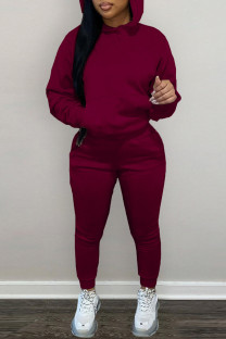 Burgundy Fashion Casual Solid Basic Hooded Collar Long Sleeve Two Pieces