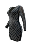 Gold Fashion Sexy Patchwork Hot Drill V Neck Long Sleeve Dresses