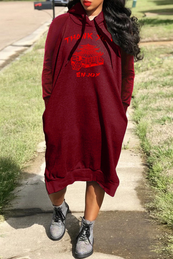 Burgundy Fashion Casual Print Basic Hooded Collar Long Sleeve Dresses