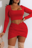 Red Fashion Sexy Solid Patchwork Square Collar Long Sleeve Two Pieces