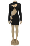 Black Fashion Sexy Solid Hollowed Out Turtleneck Long Sleeve Dresses
