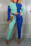 Coffee Casual Solid Patchwork O Neck Long Sleeve Two Pieces