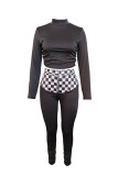 Black Fashion Casual Plaid Print Patchwork Turtleneck Long Sleeve Two Pieces