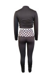 Black Fashion Casual Plaid Print Patchwork Turtleneck Long Sleeve Two Pieces