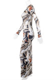 Colour Fashion Sexy Print Basic V Neck Long Sleeve Dresses
