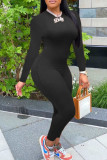 Black Casual Sportswear Solid Patchwork O Neck Regular Jumpsuits
