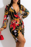 Multicolor Fashion Casual Print Bandage V Neck Long Sleeve Dresses