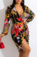 Multicolor Fashion Casual Print Bandage V Neck Long Sleeve Dresses