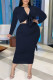 Deep Blue Fashion Casual Solid Bandage V Neck Plus Size Two Pieces