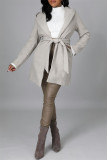 Light Gray Fashion Casual Solid Cardigan With Belt Turndown Collar Outerwear