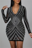 Gold Fashion Sexy Patchwork Hot Drill V Neck Long Sleeve Dresses