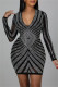 Black Fashion Sexy Patchwork Hot Drill V Neck Long Sleeve Dresses