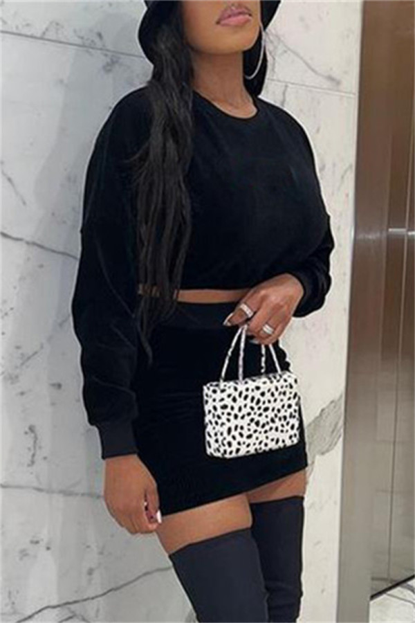 Black Fashion Casual Solid Basic O Neck Long Sleeve Two Pieces