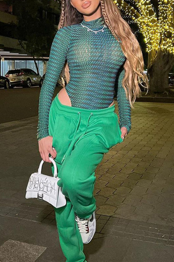 Green Fashion Sexy Print Basic Turtleneck Skinny Bodysuits