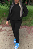 Black Casual Solid Basic O Neck Long Sleeve Two Pieces
