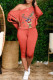Orange Fashion Casual Print Basic Oblique Collar Long Sleeve Two Pieces