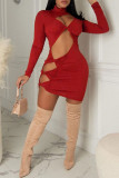 Black Fashion Sexy Solid Hollowed Out Turtleneck Long Sleeve Dresses