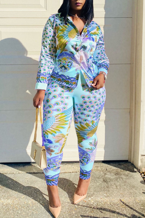 Blue Casual Print Patchwork Buckle Turndown Collar Long Sleeve Two Pieces(Without Belt)