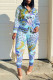 Blue Casual Print Patchwork Buckle Turndown Collar Long Sleeve Two Pieces(Without Belt)