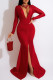 Red Fashion Sexy Solid Slit Fold V Neck Long Sleeve Evening Dress