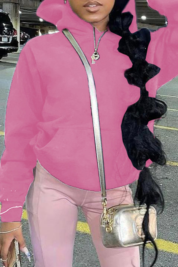 Pink Fashion Casual Solid Basic Hooded Collar Tops