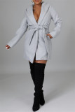 Light Gray Fashion Casual Solid Cardigan With Belt Turndown Collar Outerwear