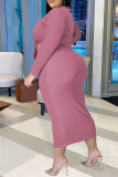 Pink Fashion Casual Solid Bandage V Neck Plus Size Two Pieces
