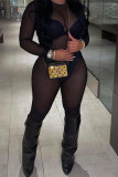 Black Fashion Sexy Patchwork See-through O Neck Skinny Jumpsuits